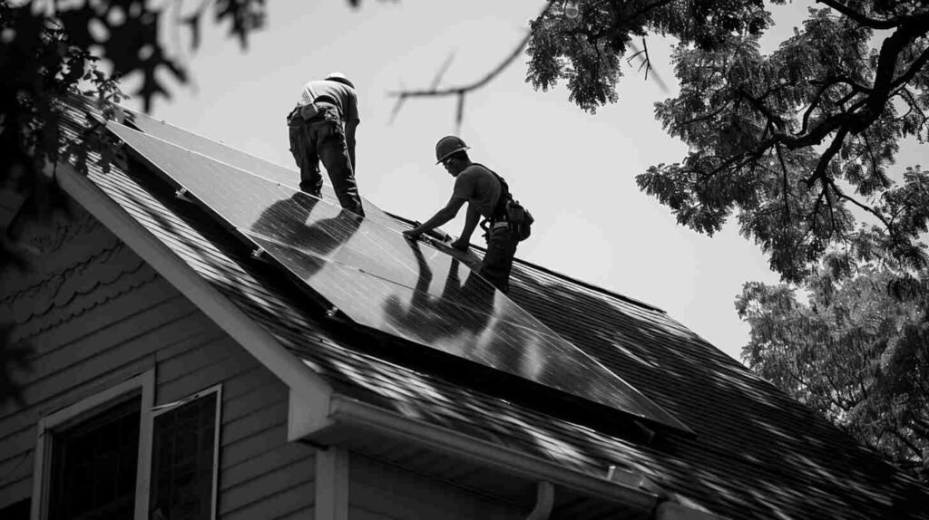 2 B&W photo of solarpanelsdallas employees working on a solar panel installation project 11 2023