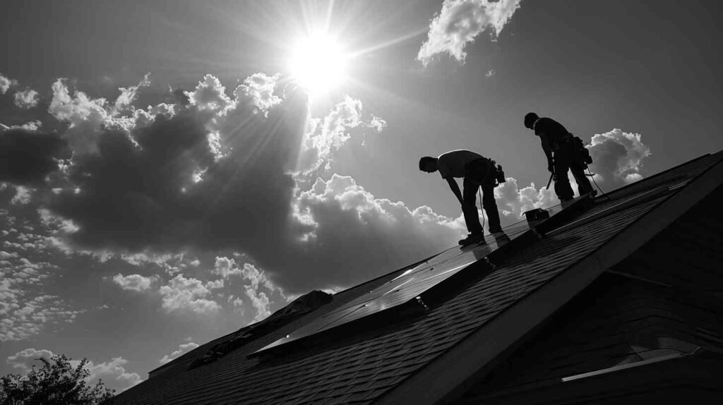B&W photo of solarpanelsdallas employees working on a solar panel installation project 11 2023
